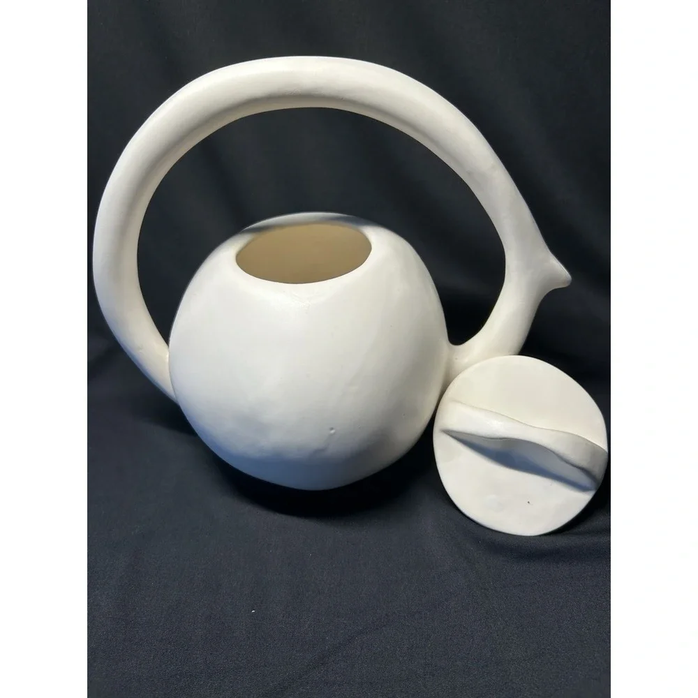 Modern Handcrafted Teapot With Arch Handle Sleek Matte White Finish Signed CG1